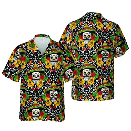 Hawaiian Sombrero Calavera Sugar Skull Rose Guitar Maraca Skull Crossbones Pattern Short-sleeve Hawaiian Shirt