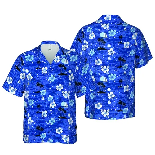 Hawaiian Palm Island Sailboat Water Mosaic, Hibiscus Flowers, Sublimation Fabric Short-sleeve Hawaiian Shirt
