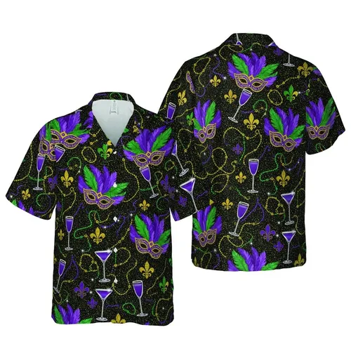 Mardi Gras Ornate Mask Hawaiian Pattern Fleur-de-Lis Cocktail Glass Purple Green Gold Textile Design Short-sleeve Hawaiian Shirt