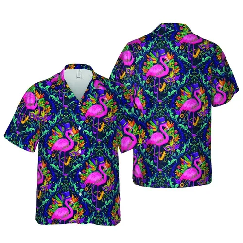 Pink Flamingos Mardi Gras Top Hats Masks Beads Saxophones Tropical Fabric Pattern Short-sleeve Hawaiian Shirt