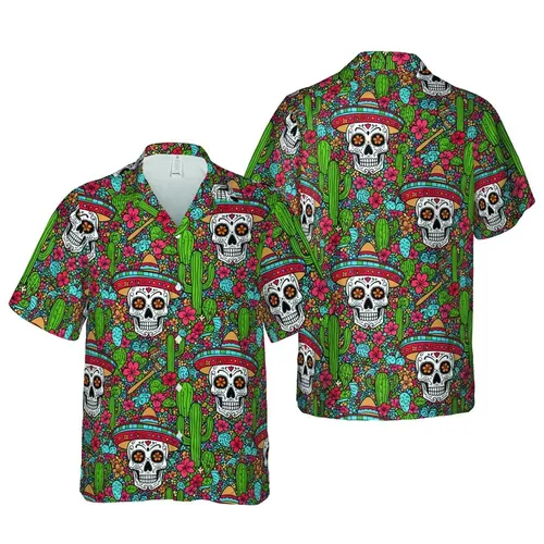 Dia de los Muertos Sugar Skull Cactus Maraca Hawaiian Botanical Fabric Design Short-sleeve Hawaiian Shirt