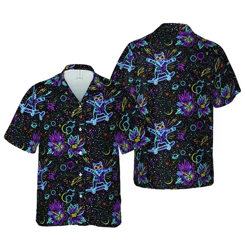 Skater Striped Cat Neon Hawaiian Cosmic Print - Glowing Planets, Stars, Collared Jacket Short-sleeve Hawaiian Shirt