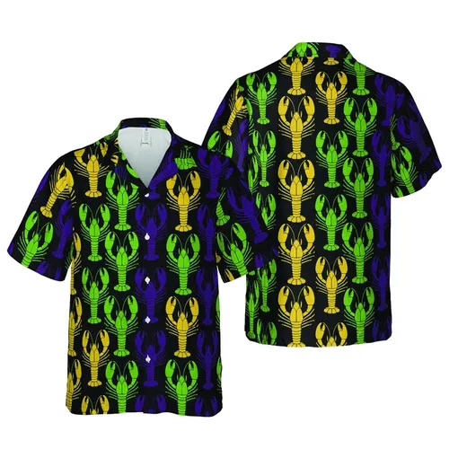 Hawaiian Crawfish Stacked Columns: Lime Green Golden Yellow Violet Crustaceans Dark Mosaic Short-sleeve Hawaiian Shirt