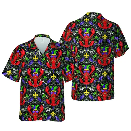 Jester Hat Lobster Tropical Pattern: Fleur-De-Lis & Checkered Flag Seamless Design Short-sleeve Hawaiian Shirt