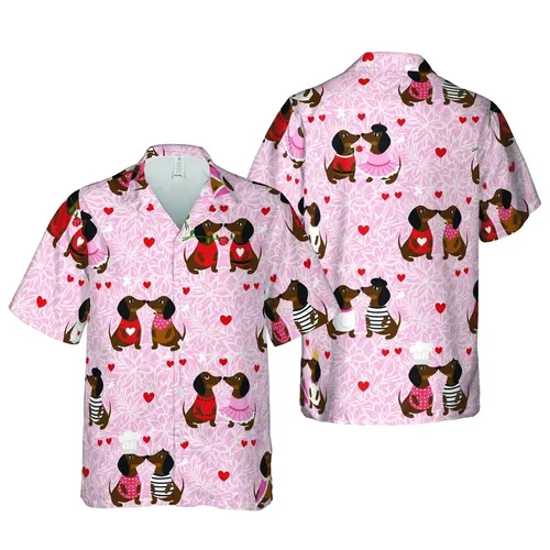 Dachshund Lover Tropical Pattern: Crowned Chef Tutu Dachshunds & Be Mine Roses Short-sleeve Hawaiian Shirt