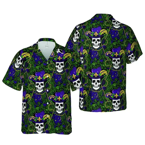 White Skull Mardi Gras Hats Gold Fleur-de-lis Peacock Beaded Hawaiian Art Short-sleeve Hawaiian Shirt
