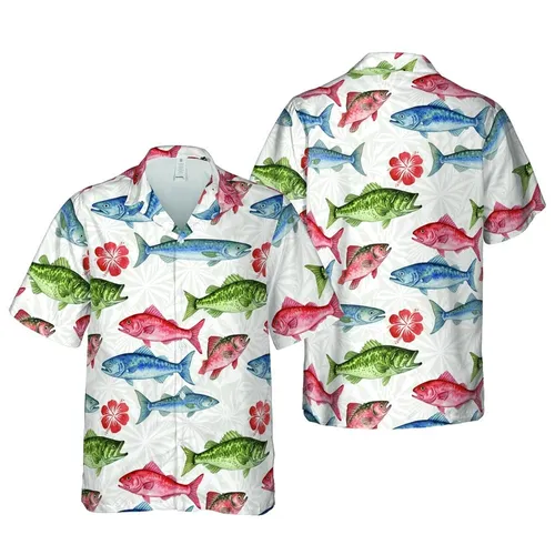 Hawaiian Fish: Watercolor Bass Perch Salmon Mackerel Pattern - White Mosaic Textile Short-sleeve Hawaiian Shirt