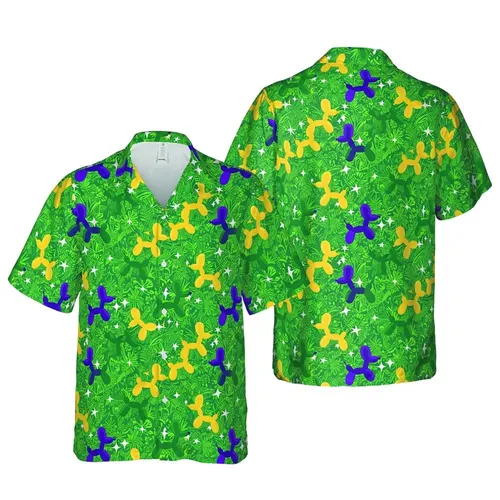 Balloon Dog Pattern: Yellow Purple Green Scattered Repeat, Star Bursts, Emerald Micro-Patterned Botanical Short-sleeve Hawaiian Shirt