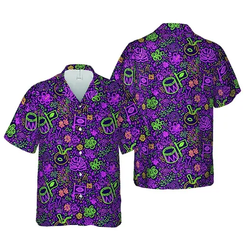 Hawaiian Neon Masks Coconut Drinks Drums Maracas Tropical Leaves Fabric Design Short-sleeve Hawaiian Shirt