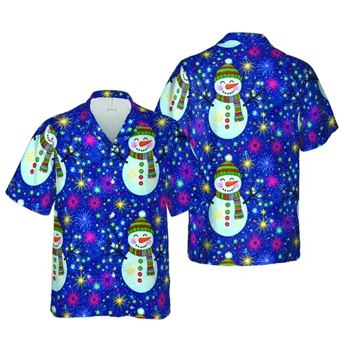 Hawaiian Snowman Glowing Stars: Multi-Color Striped Scarf, Bobble Hat, Indigo Green Red Short-sleeve Hawaiian Shirt