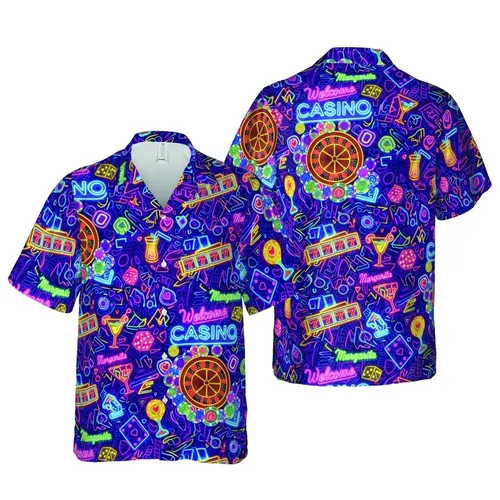 Neon Hawaiian Casino Roulette Poker Slots Melting Cocktail Sublimation Fabric Print Short-sleeve Hawaiian Shirt