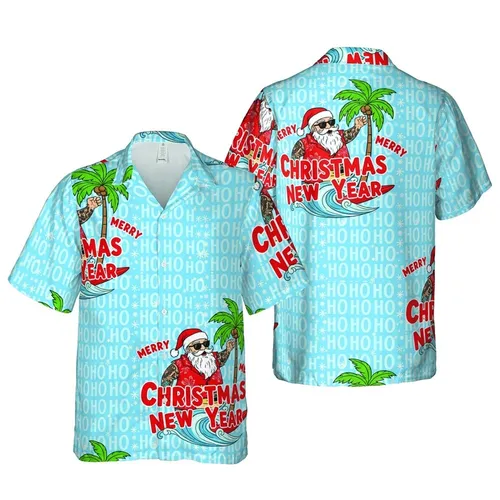 Tattooed Santa Surfing Red Board Blue Wave Hawaiian Christmas New Year HO HO HO Pattern Short-sleeve Hawaiian Shirt