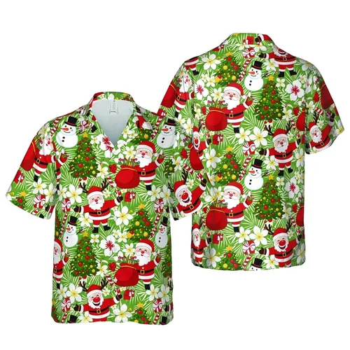 Hawaiian Christmas Cartoon Santa Reindeer Tree Holly Snowman Presents White Pattern Short-sleeve Hawaiian Shirt