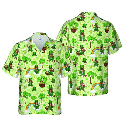 Leprechaun Chimpanzee Hawaiian Pattern St. Patrick's Day Clover Gold Rainbow Design Short-sleeve Hawaiian Shirt