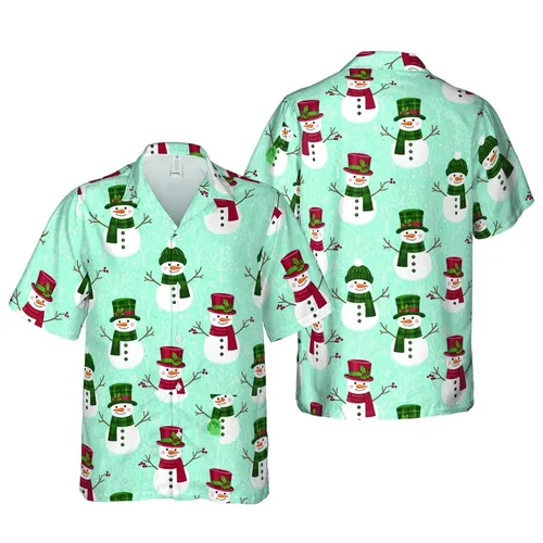 Snowman Top Hat Beanie Scarf Winter Branch Holly Crimson Green Teal Pattern Design Short-sleeve Hawaiian Shirt