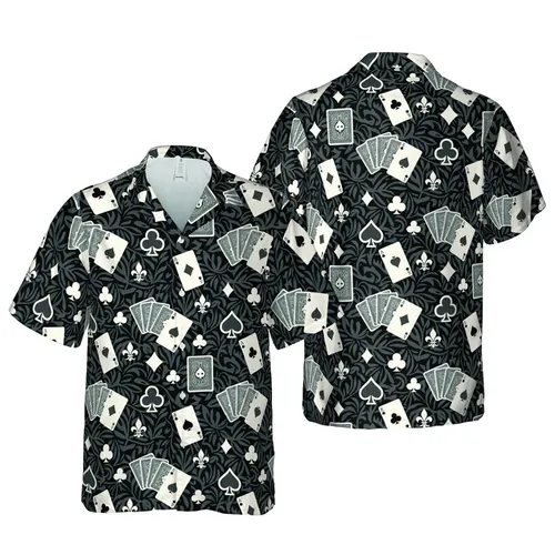 Ace of Spades Hawaiian Pattern: Playing Cards, Suits, Fleur-de-Lis, Black Mosaic Ground Short-sleeve Hawaiian Shirt
