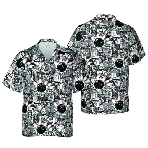 Bowling Enthusiast Hawaiian Black Ball White Pin Red Stripe Impact Lane Design Short-sleeve Hawaiian Shirt