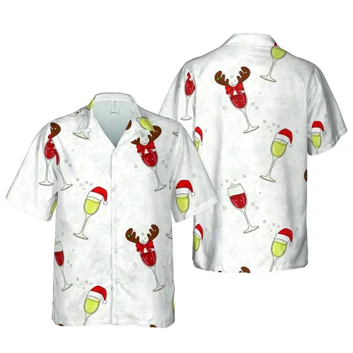 Tropical Christmas Wine & Champagne Glasses Santa Antler Ice Crystal Fabric Short-sleeve Hawaiian Shirt
