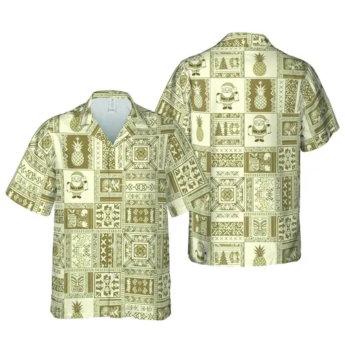 High Contrast Hawaiian Patchwork Santa Christmas Tree Pineapple Tiki Tribal Pattern Short-sleeve Hawaiian Shirt