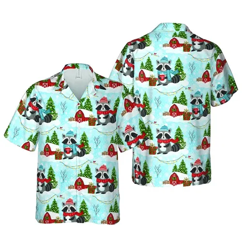Hawaiian Raccoon Winter Hats Scarves Snowy Barn Evergreen Tree Holiday Scene Short-sleeve Hawaiian Shirt