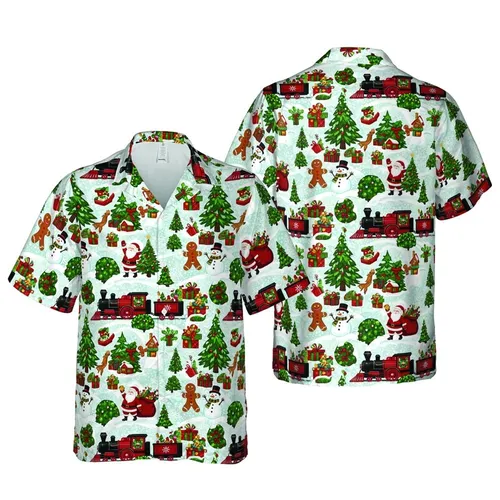 Christmas Hawaiian Pattern: Steam Locomotives, Santa, Snowmen, Reindeer & Presents Short-sleeve Hawaiian Shirt