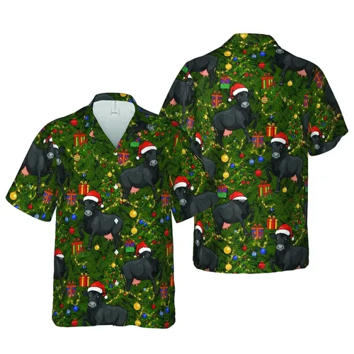 Black Angus Cow Santa Hat Christmas Tropical Pine Tree Gift Box Seamless Design Short-sleeve Hawaiian Shirt