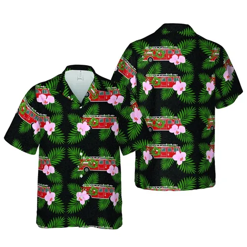 Hawaiian Palm Frond Orchid Red Fire Truck Christmas Lights Black Fabric Design Short-sleeve Hawaiian Shirt