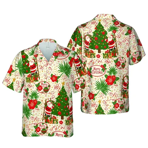 Tropical Hawaiian Merry Christmas Tree Golden Stars Santa Claus Fabric Scene Short-sleeve Hawaiian Shirt