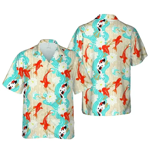 Orange White Koi Fish Blue Water Chrysanthemum Bamboo Hawaiian Seamless Pattern Short-sleeve Hawaiian Shirt