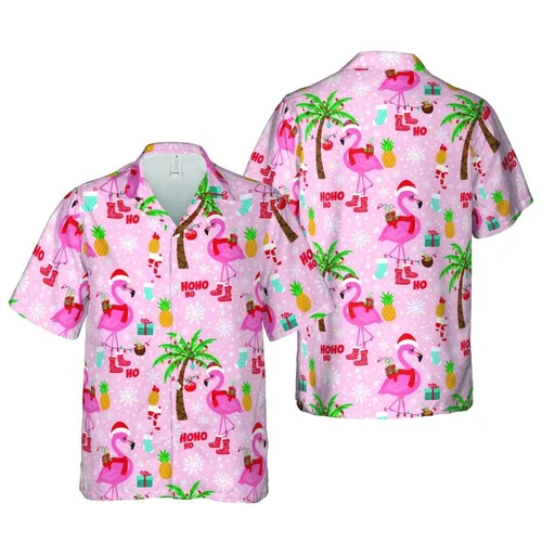 Pink Flamingo Santa Palm Christmas Lights Pineapple Candy Cane HOHO HO Motif Short-sleeve Hawaiian Shirt