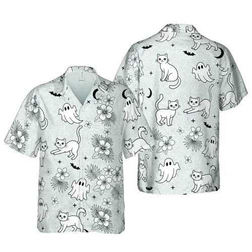 Cat Enthusiast Hawaiian Pattern: Ghost Cats, Black Outlines, Bats, Moons, Stars, Grey Marbled Short-sleeve Hawaiian Shirt