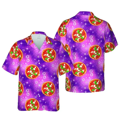 Margherita Pizza Hawaiian Pattern: Galaxy Orbs, Starbursts, Cosmic Gradient Design Short-sleeve Hawaiian Shirt