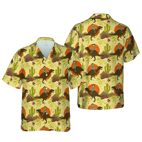 Western Cowboy T-Rex Ride Saguaro Cactus Burnt Orange Sun Textile Short-sleeve Hawaiian Shirt
