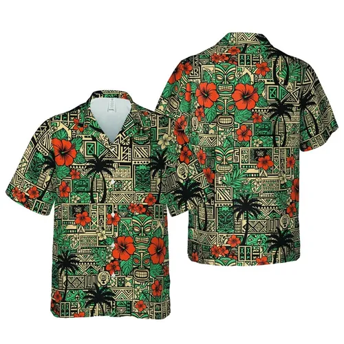 Hawaiian Tribal Tiki Mask Hibiscus Palm Motif Cream Black Orange Teal Geometric Mosaic Short-sleeve Hawaiian Shirt