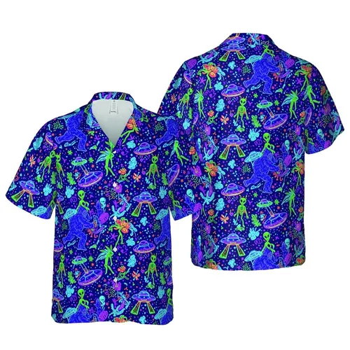 Cosmic Adventurer: Neon Bigfoot Alien UFO Hawaiian Starry Void Textile Feature Short-sleeve Hawaiian Shirt