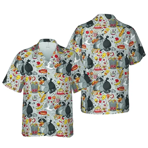 Raccoon Lover Hawaiian Pattern: Pizza Hot Dog Trash Can Feast Tropical Scatter Short-sleeve Hawaiian Shirt
