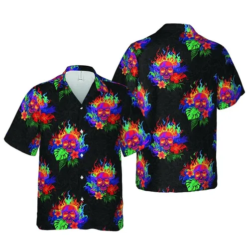 Dark Botanical Hawaiian Neon Skull Glowing Fire Smoke 8K Seamless Pattern Short-sleeve Hawaiian Shirt