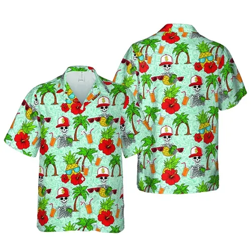 Tropical Skeleton Gold Sign Pineapple Wayfarer Hibiscus Cocktail Palm Short-sleeve Hawaiian Shirt