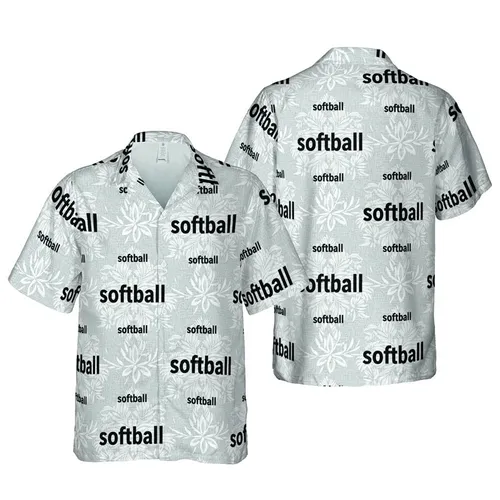 Softball Player Hawaiian Motif: Repeating Black Word on Heather Grey Textile Short-sleeve Hawaiian Shirt