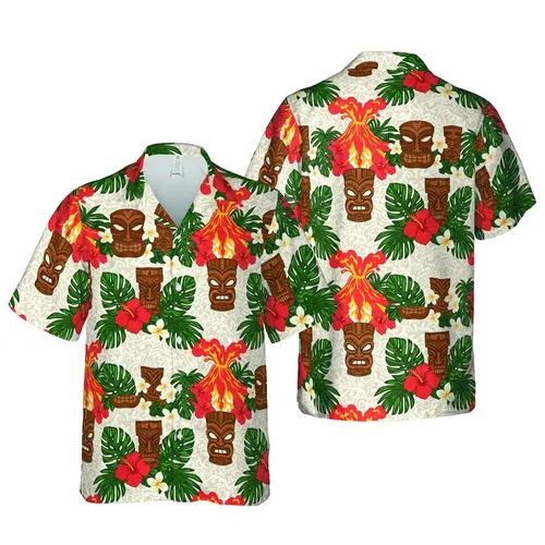 Hawaiian Carved Tiki Totems, Erupting Volcano, Coral Hibiscus, Plumeria Foliage Design Short-sleeve Hawaiian Shirt