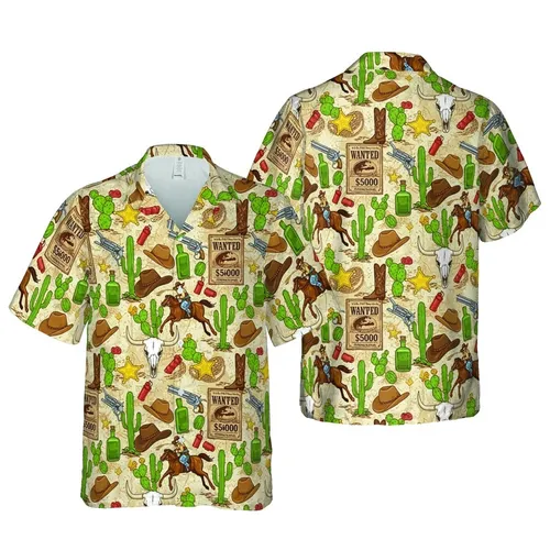 Cowboy Western Hawaiian Pattern: Lasso Riders, Steer Skulls, Hats, Badges, Cactus Short-sleeve Hawaiian Shirt