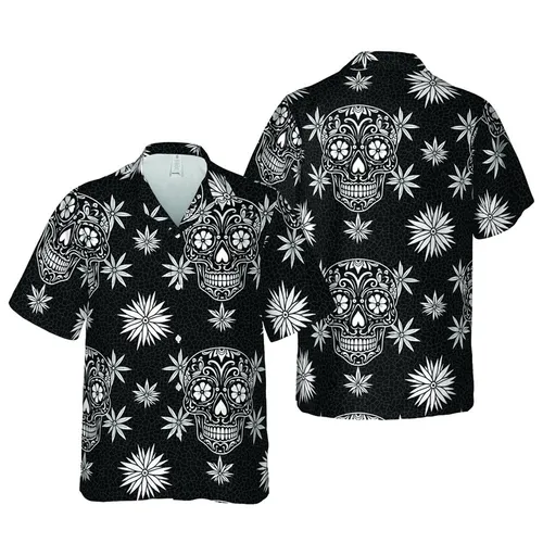Decorated Sugar Skull Intricate Botanical Petal Starburst Black White High Contrast Mosaic Short-sleeve Hawaiian Shirt