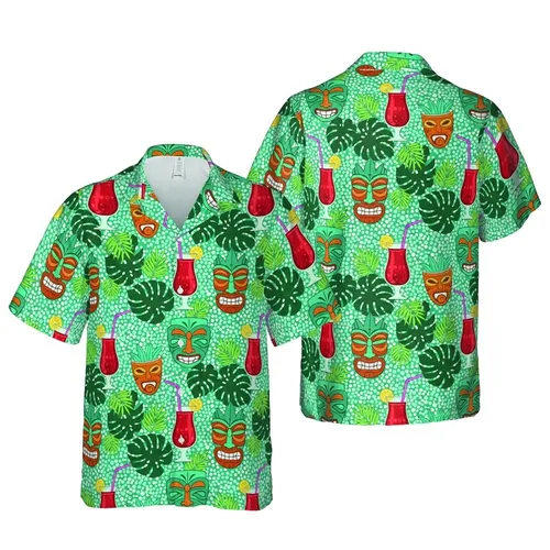Hawaiian Tiki Masks & Tropical Cocktails Fabric Print: Monstera Leaves Dot Mosaic Pattern Short-sleeve Hawaiian Shirt