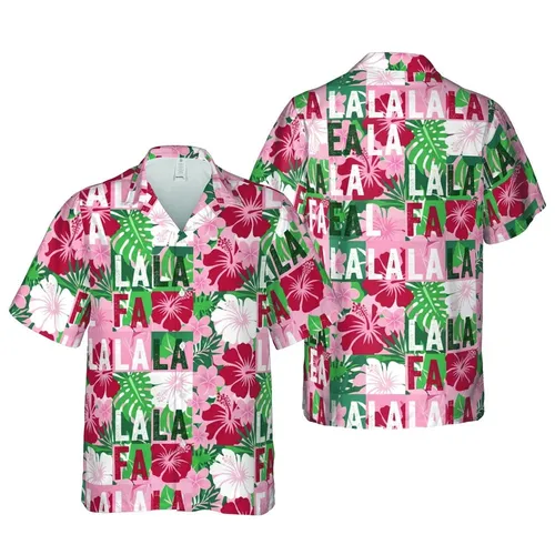 FA LA LA LA Grid Distressed Grunge Typographic Seamless Hawaiian Fabric Print Red Pink Teal Short-sleeve Hawaiian Shirt