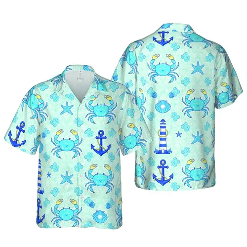 Hawaiian Ocean Marine Pattern: Blue Crabs, Nautilus, Lighthouse, Starfish & Gold Accents Short-sleeve Hawaiian Shirt