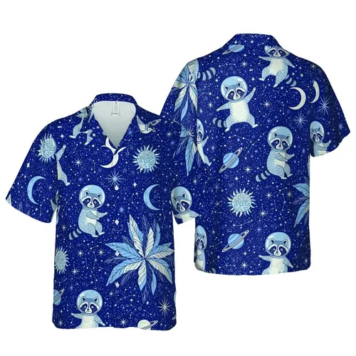 Astronaut Raccoons Floating Dancing, Celestial Hawaiian Pattern, Navy Sky Off-White Short-sleeve Hawaiian Shirt