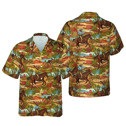 Western Cowboy Horse Galloping Desert Pattern - Joshua Tree Mesa Vista Motif Short-sleeve Hawaiian Shirt