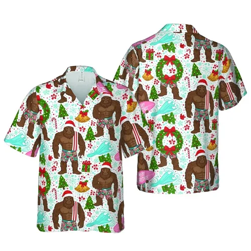 Sasquatch Holiday Textile Pattern: Surfing Bigfoot, Santa Hat, Tropical Christmas Scene Short-sleeve Hawaiian Shirt