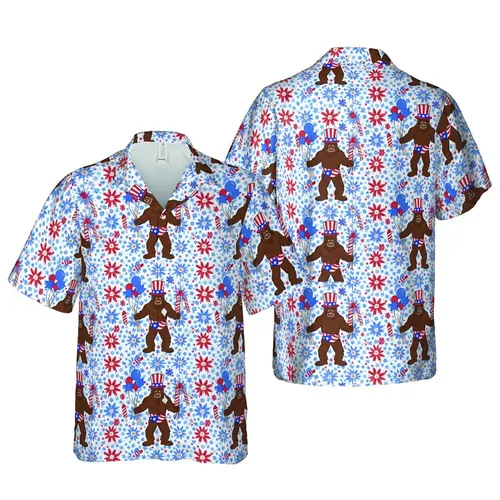 Bigfoot Uncle Sam Hawaiian Pattern with Fireworks, Flag Balloons & Popsicle Seamless Design Short-sleeve Hawaiian Shirt