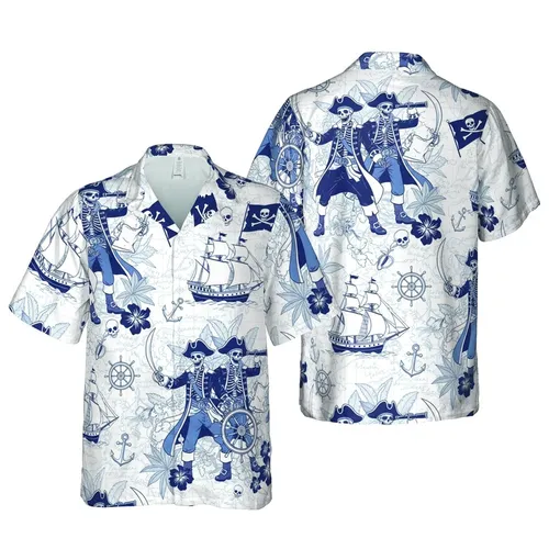 Skeleton Pirates Steering Cutlass Galleons Frigates Hawaiian Seamless Sea Chart White Navy Sky Blue Short-sleeve Hawaiian Shirt
